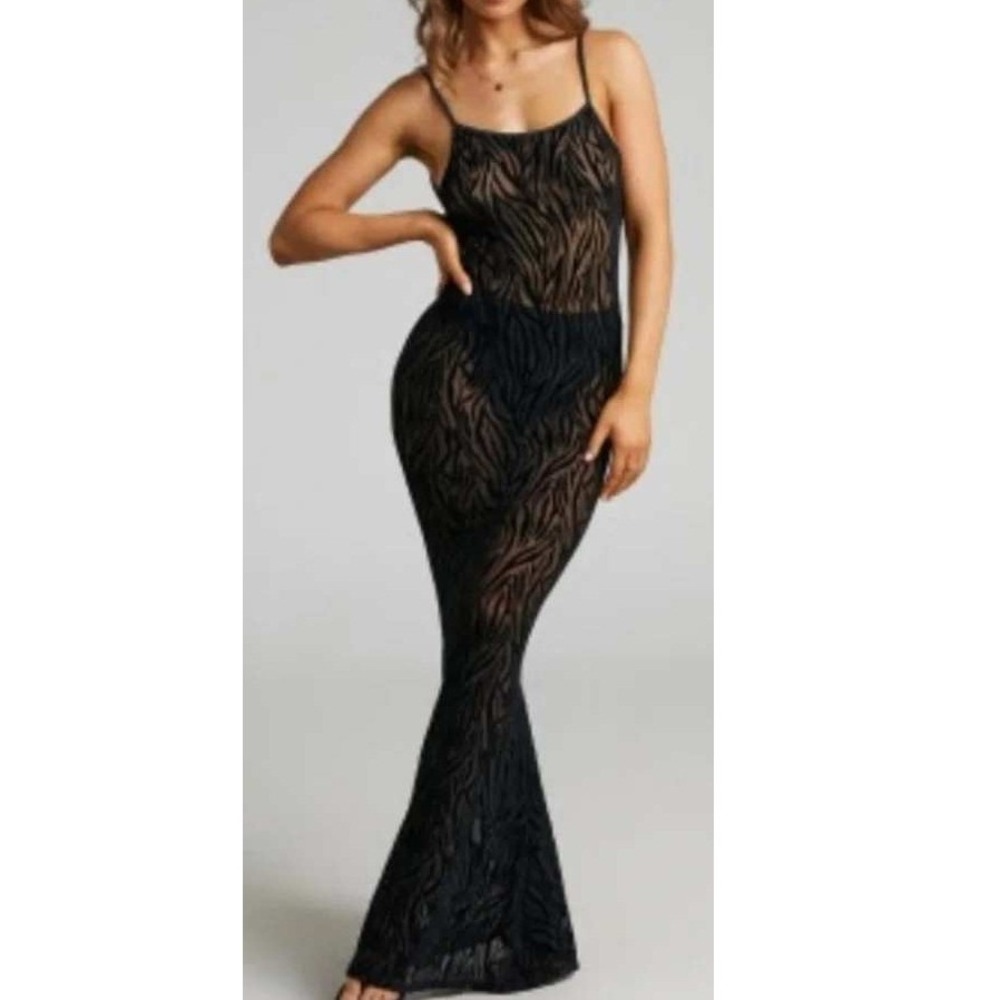 Showpo Black Zebra Burnout Mesh Maxi Dress Velvet Animal Print Scoop Back Size 8 - Picture 7 of 7